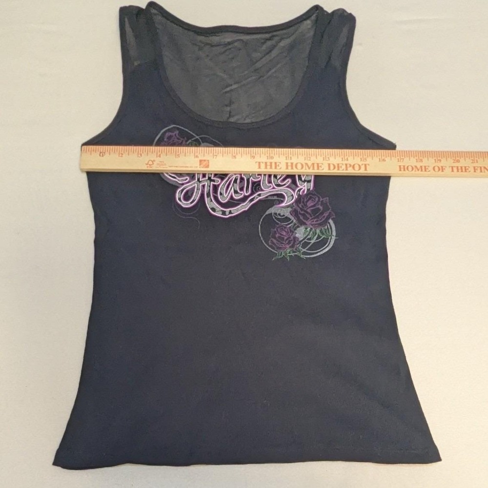 Harley-Davidson Tank Top XL Black Mesh Back Rose Graphic Ribbed Biker Edgy - Picture 3 of 7